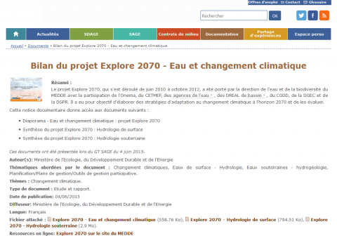 Bilan du projet Explore 2070 - Eau et changement climatique